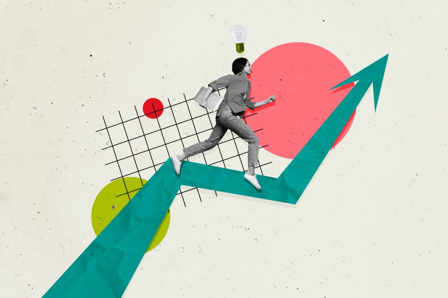 Creative trend collage of arrow point running female elecrtric bulb logic ideas weird freak bizarre unusual fantasy.